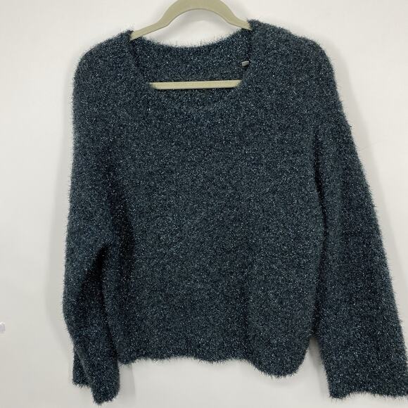 Vince Metallic Eyelash Knit Sweater Green Sparkle Crew Neck Fuzzy Women Medium - Picture 10 of 11